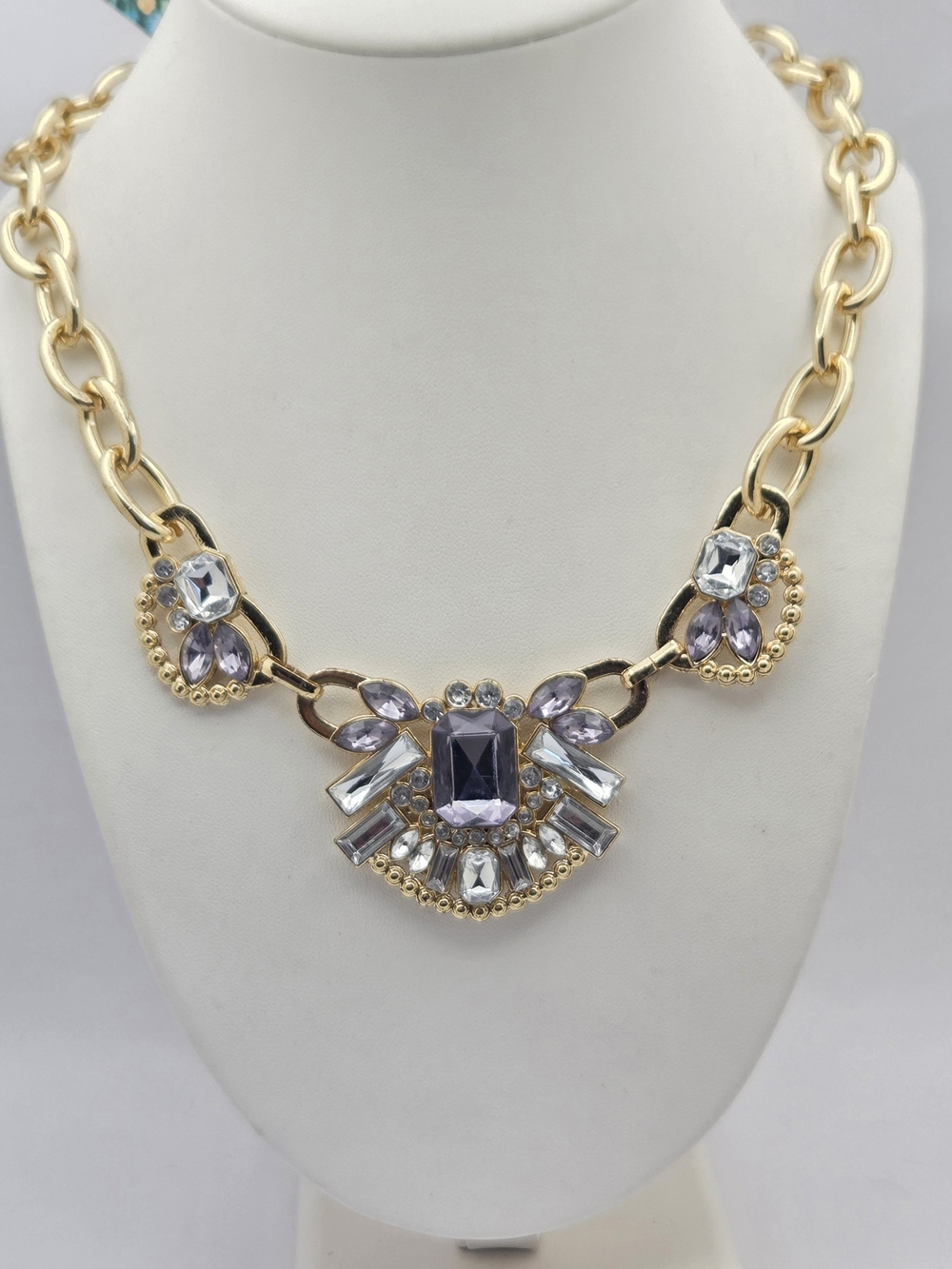 Gold Tone Purple & Clear Rhinestone Statement Necklace 22" Art Deco Style